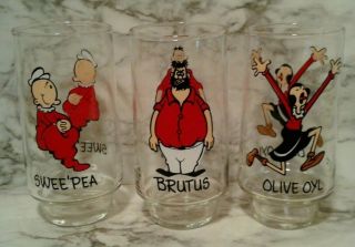 3 Vtg 1975 Coca Cola Popeye Promo Glasses - Brutus Bluto,  Olive Oyl & Swee 