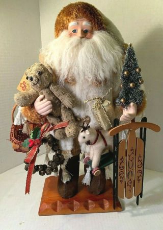 Santa Father Christmas Folk Art Figure With Sled And Assorted Toys