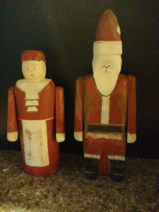 Wolf Creek Folk Art Village.  Santa And Mrs.  Claus.  Wooden Figurines Signed