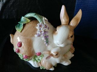 Fitz And Floyd Essential Easter Botanical Rabbit/bunnies Cookie Jar W/orig Box