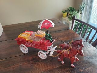 Cast Iron Toy Coca Cola Horse Drawn Delivery Wagon With Driver And Two Horses