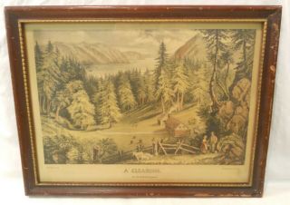 Currier & Ives Print A Clearing On The American Frontier Mat Nassau St Ny