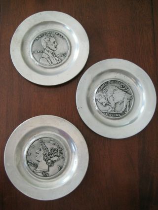 Set Of 3 Vintage Pew - Ta - Rex Pewter Coin Plates Buffalo Lincoln Mercury Dime