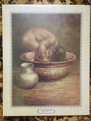 Vintage 1974 Bill Hampton Bottoms Up Print Indian Boy Pottery Bathtub Nos