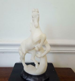 Vintage Hand Carved Alabaster Stone Horse Statue Figurine W/ Marble Base