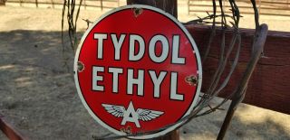 " Old Vintage Tydol Ethyl Flying A " 9x9 Steel Porcelain Advertising Sign.