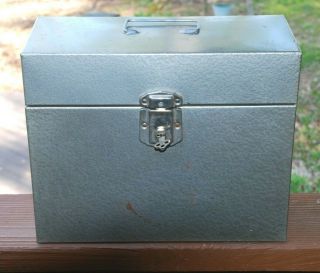 Vintage Excelsior Stamford Gray Metal File Box With Key/ Hinged Lid
