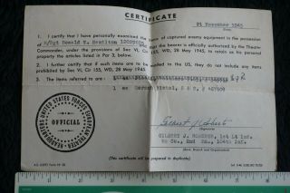 Wwii Military Certificate Of Captured German Enemy Equipment Dated Nov 21,  1945