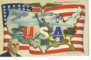 Linen Patriotic Postcard Statue Of Liberty,  " Unity,  Security,  Allegiance "
