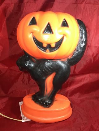 Vintage 13 " Halloween Blow Mold Light Up Plastic Jackolantern Black Cat Pumpkin