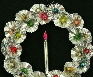 Vintage Foil Wreath W Glass Balls & Foil Candle " Made In Japan " 1930s - 50s 8.  5 "