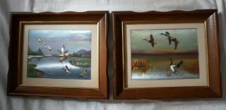 Set Of 2 Vintage Foil Art Solid Wood Frame Pictures Mallard Duck Landscape Mcm