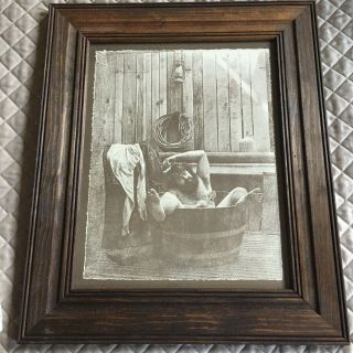 Vtg R.  Hendrickson Framed Sepia Print Bearded Cowboy Man Bathing In Barrel Tub