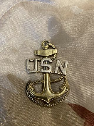 Ww2 Us Navy Chief Petty Officer Cap Badge,  Pin - Back,  Full Size,  Sterling,  H - H