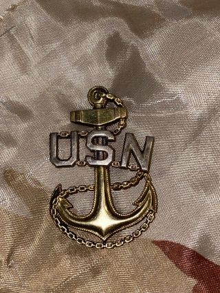 WW2 US Navy Chief Petty Officer Cap Badge,  Pin - Back,  Full Size,  Sterling,  H - H 2