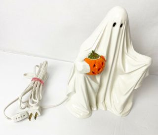 Vintage Halloween Byron Molds 1972 Ceramic Ghost with Jack - O Lantern Light Up 2