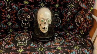 Rare Gemmy Animated Halloween Talk Back Skull Dome Repeats Lights Moves 12 " Tall