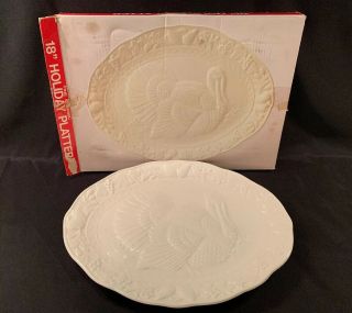 Vintage White Embossed Ceramic Turkey Platter For Thanksgiving Made In Japan 18 "