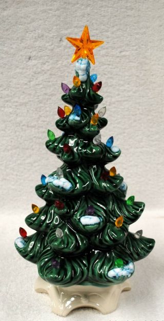 Vintage Atlantic Mold 11 " Tall Green Ceramic Christmas Tree W/ White Fixed Base