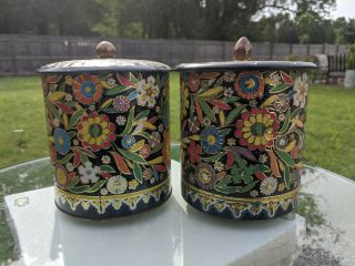 2 Vintage Retro Multi Color Floral Tin Can Canister With Lids 1 Daher 1 Holland