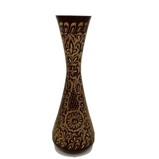 Vintage Black & Gold Ornate Floral Vase Gold Etched India