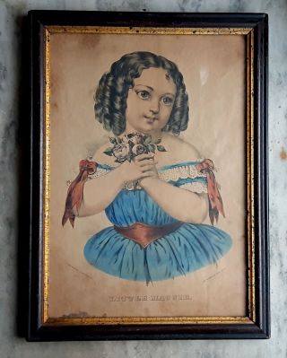Antique Currier & Ives Print Little Maggie,  Girl W/ Flowers,  10 X 14 Framed