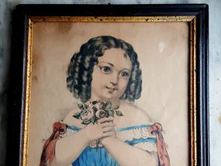 Antique Currier & Ives Print Little Maggie,  Girl w/ Flowers,  10 X 14 Framed 2