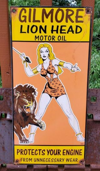 Lg Old 1939 Gilmore Lion Head Motor Oil Porcelain Service Gas Station Pump Sign