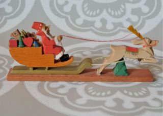 Vintage Santa In Sleigh W/ Reindeer Wood Figurine Erzgebirge Germany Miniature