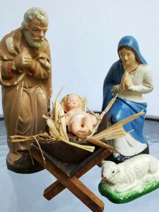 Vintage Nativity Set Germany Chalkware Virgin Mary Joseph Baby Jesus Sheep 6 "