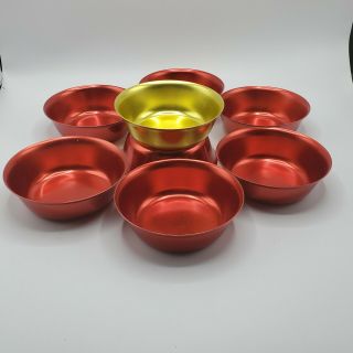 Set Of 8 Mid Century Modern Mcm Sunburst Aluminum Bowls,  5 1/4 " Red & Gold