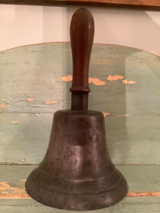 Early Brass/bronze School Teacher Hand Bell Desk Vintage 11” Tall Wood Handle