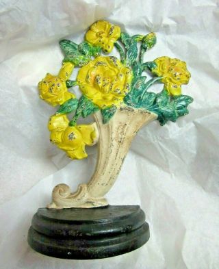 Vintage Hubley Yellow Rose Door Stop Cast Iron Flowers Cornucopia Style Vase