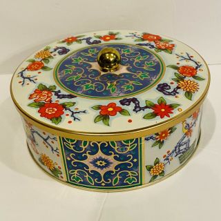 Vintage Daher Floral Birds Metal Tin Gold White Green Blue Made In England
