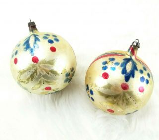 2 Vintage Poland Jumbo Flower Blue/red Glass Ball Christmas Ornament 4 "