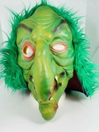 Vintage Rubber Witch Hag Mask With Green Fur Back Halloween Costume