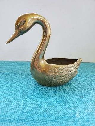 Vintage Mcm Solid Brass Swan Planter 12 " X 8