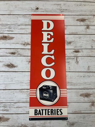 Vintage “delco Battery " Metal Vertical 30x10” Gas & Oil Store Sign