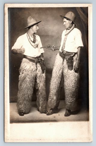Vintage Real Photo Postcard Two Cowboys W/ Pistols Holsters Wooly Chaps D10