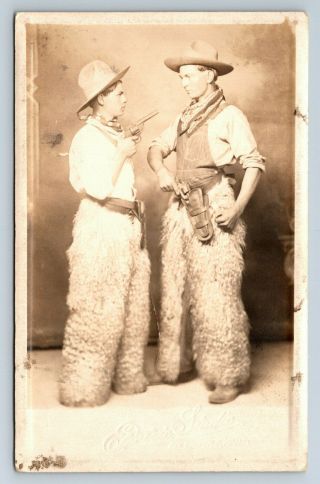 Vintage Rppc Cowboys W/ Pistols Holsters Wooly Chaps Pittsburg Ks D10