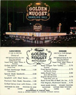 1950s Las Vegas Nevada Golden Nugget Casino Bi - Fold Menu Night Neon Postcard