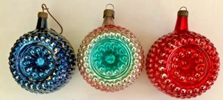 3 Vintage Premier Colorful Double Sided Bumpy Indent Glass Christmas Ornaments