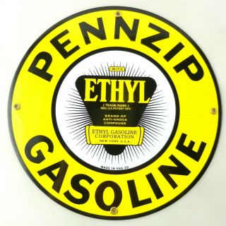 12 " Round Pennzip Gasoline Oil Gas Ethyl Porcelain Advertising Sign T129