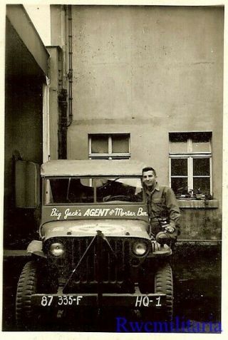 NEAT US Soldier Posed w/ His Willys Jeep “BIG JOE’S AGENT 155 MORTAR BM.  ” 2