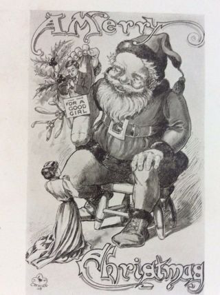 Christmas Postcard Black White Drawing Santa For A Good Girl Man In Stocking