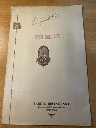 Sardi’s Menu - Vintage - Probably The 1940’s,  Signed By Vincent Sardi