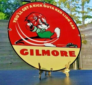 Vintage Gilmore Gasoline Porcelain Red Lion Gas Service Station Pump Plate Sign