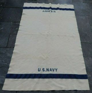 Wwii / Ww2 U.  S.  Navy,  Wwii U.  S.  N.  White And Blue Wool Blanket,  Marked U.  S.  Navy,