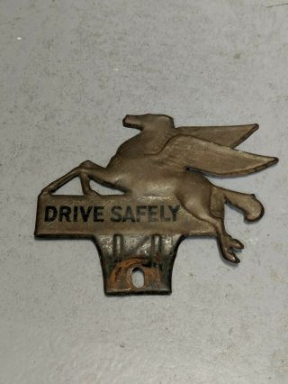 Antique Mobil Oil Pegasus Drive Safely License Plate Topper Metal Embossed Sign