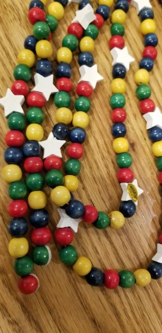 Vintage Christmas Wood Wooden Bead Star Blue Red & Green Garland 18 
